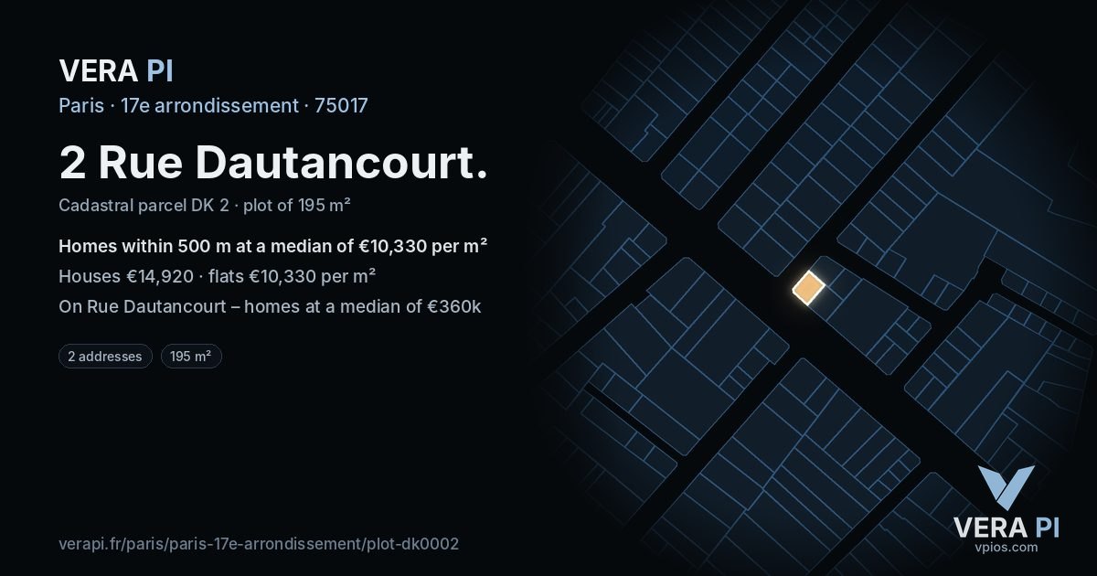2 Rue Dautancourt, 17e arrondissement at night – the plot lit, the parcels around coloured by the prices near them