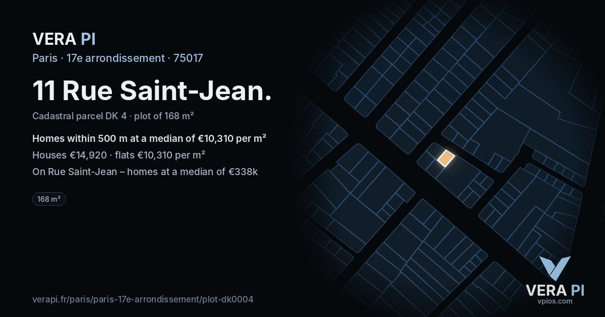 11 Rue Saint-Jean, 17e arrondissement at night – the plot lit, the parcels around coloured by the prices near them