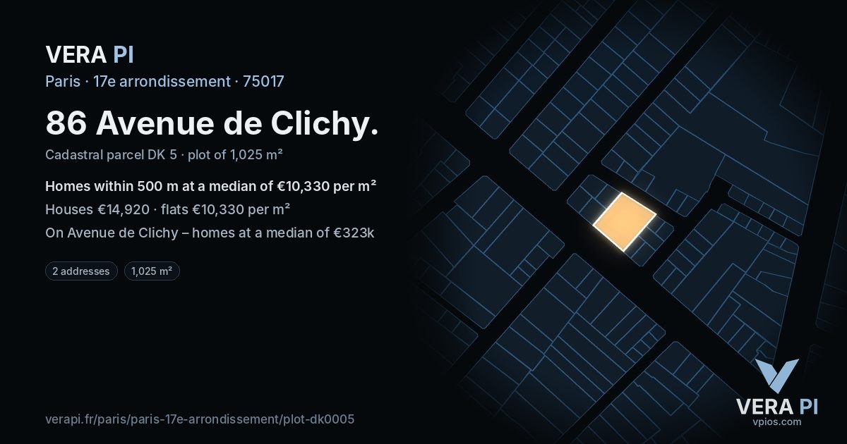 86 Avenue de Clichy, 17e arrondissement at night – the plot lit, the parcels around coloured by the prices near them