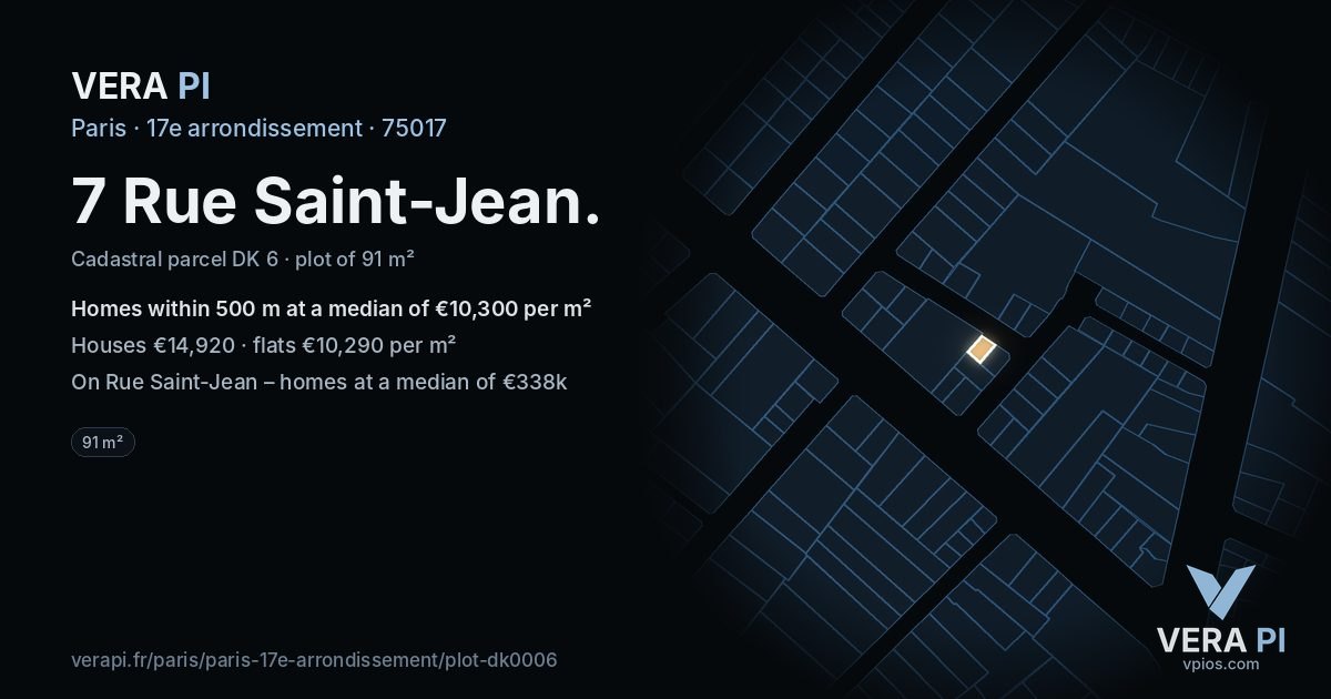 7 Rue Saint-Jean, 17e arrondissement at night – the plot lit, the parcels around coloured by the prices near them