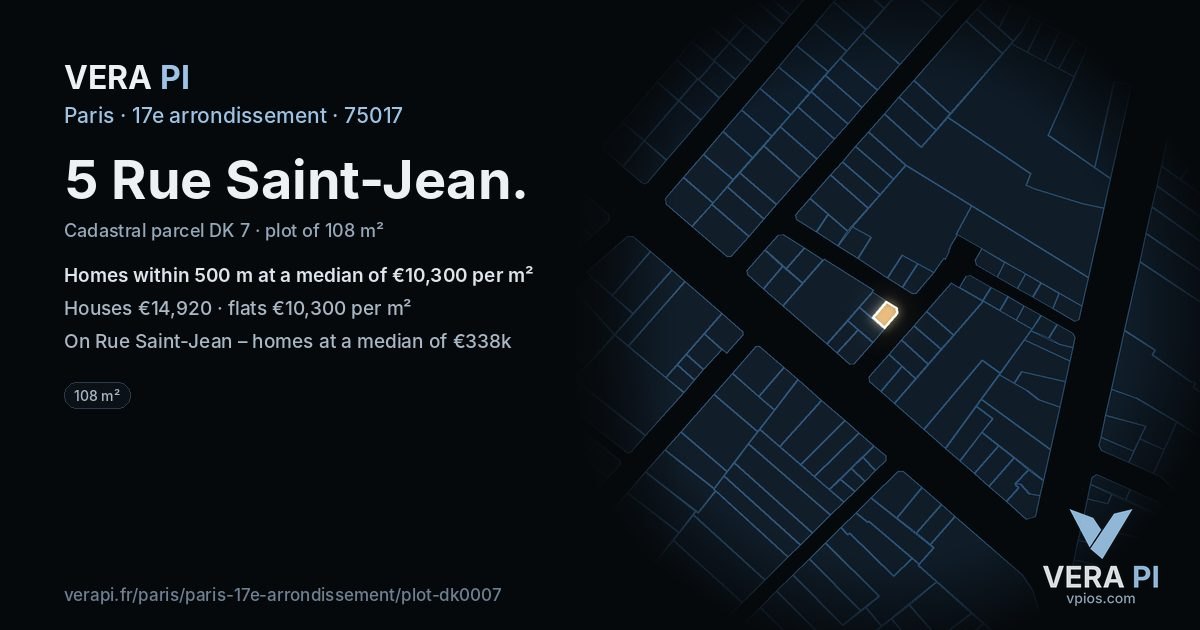 5 Rue Saint-Jean, 17e arrondissement at night – the plot lit, the parcels around coloured by the prices near them