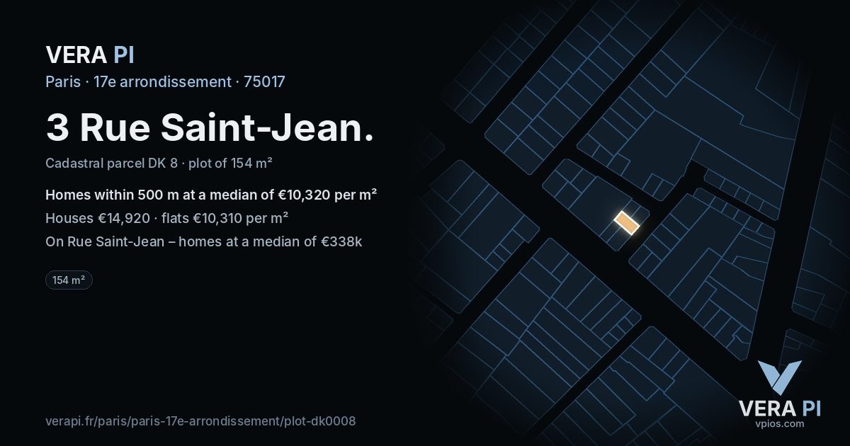 3 Rue Saint-Jean, 17e arrondissement at night – the plot lit, the parcels around coloured by the prices near them