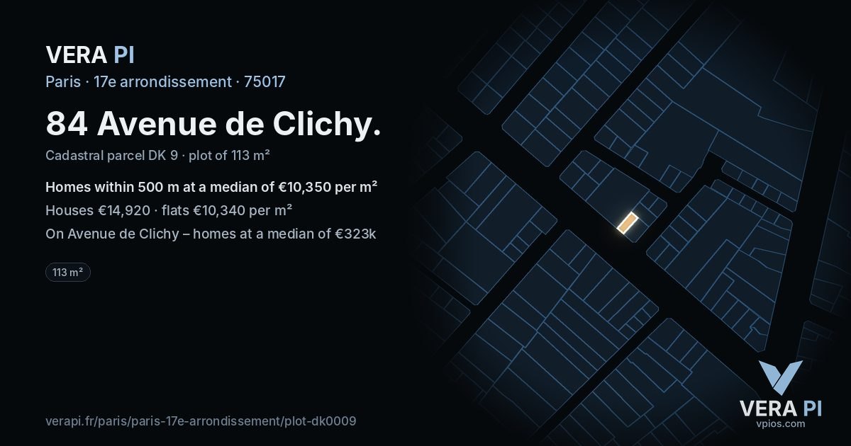 84 Avenue de Clichy, 17e arrondissement at night – the plot lit, the parcels around coloured by the prices near them