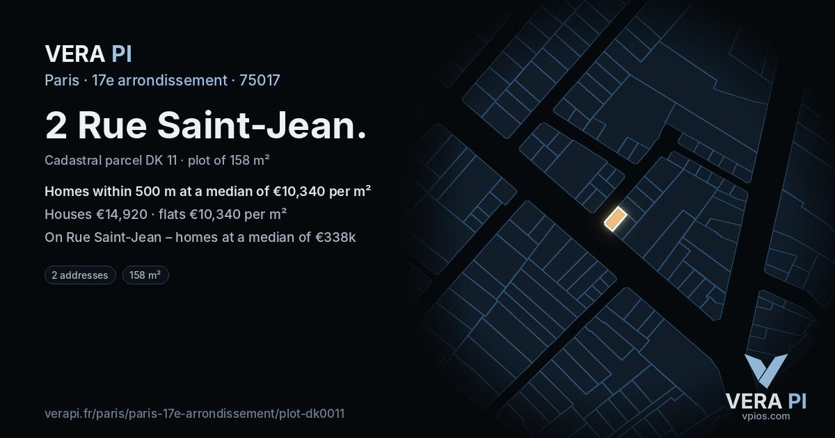 2 Rue Saint-Jean, 17e arrondissement at night – the plot lit, the parcels around coloured by the prices near them