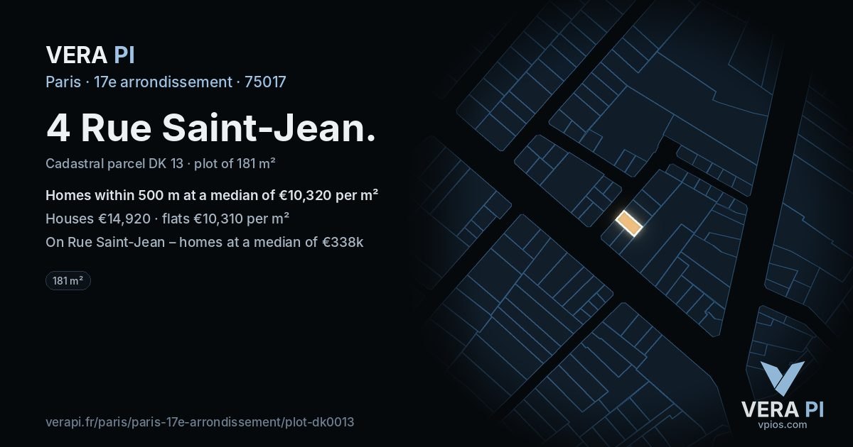 4 Rue Saint-Jean, 17e arrondissement at night – the plot lit, the parcels around coloured by the prices near them