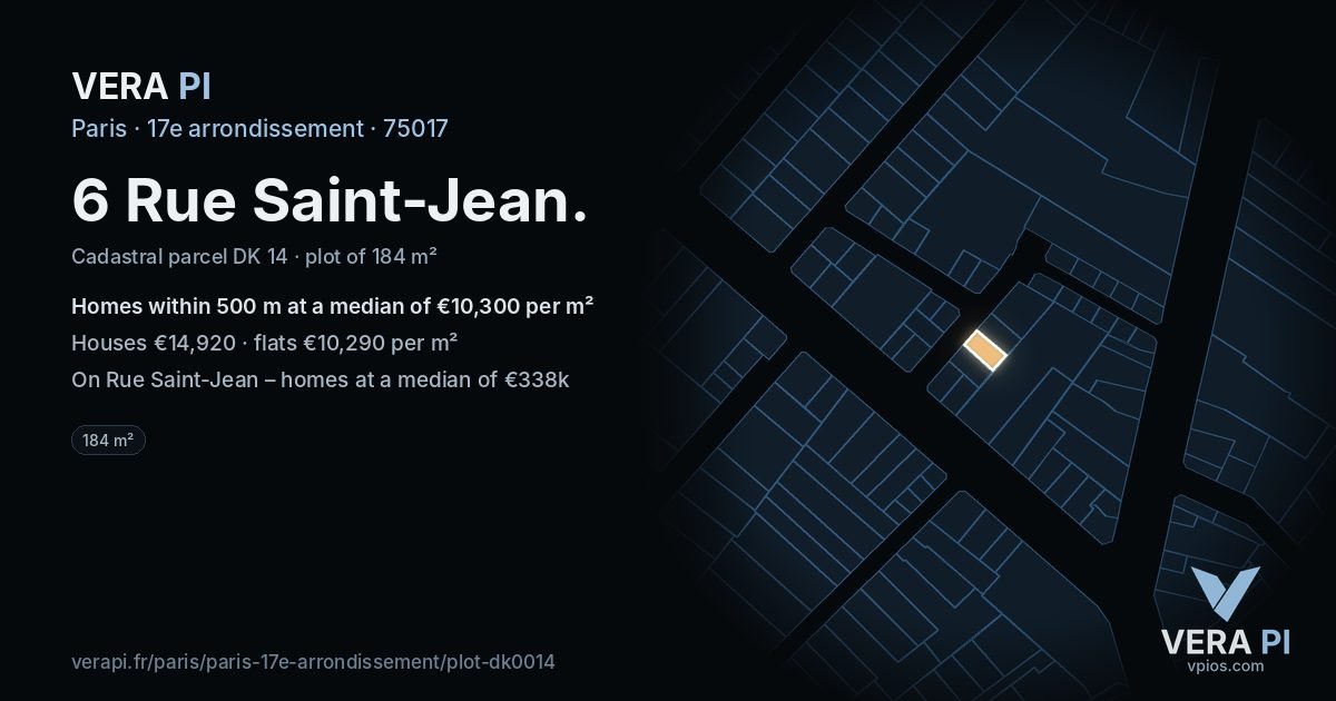 6 Rue Saint-Jean, 17e arrondissement at night – the plot lit, the parcels around coloured by the prices near them