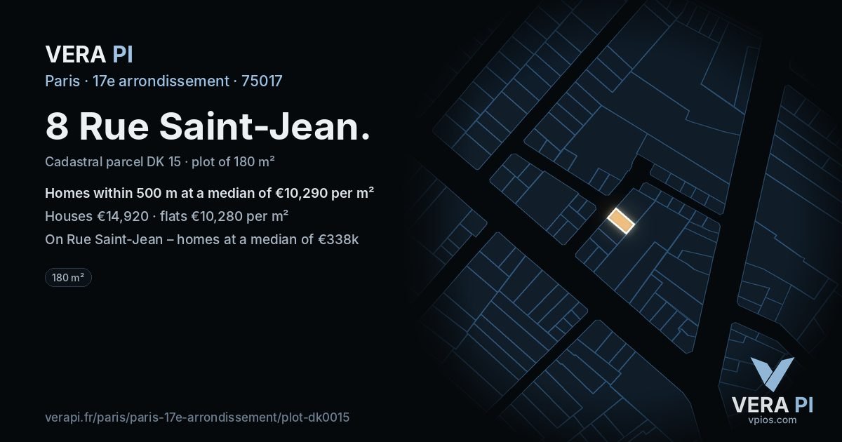 8 Rue Saint-Jean, 17e arrondissement at night – the plot lit, the parcels around coloured by the prices near them