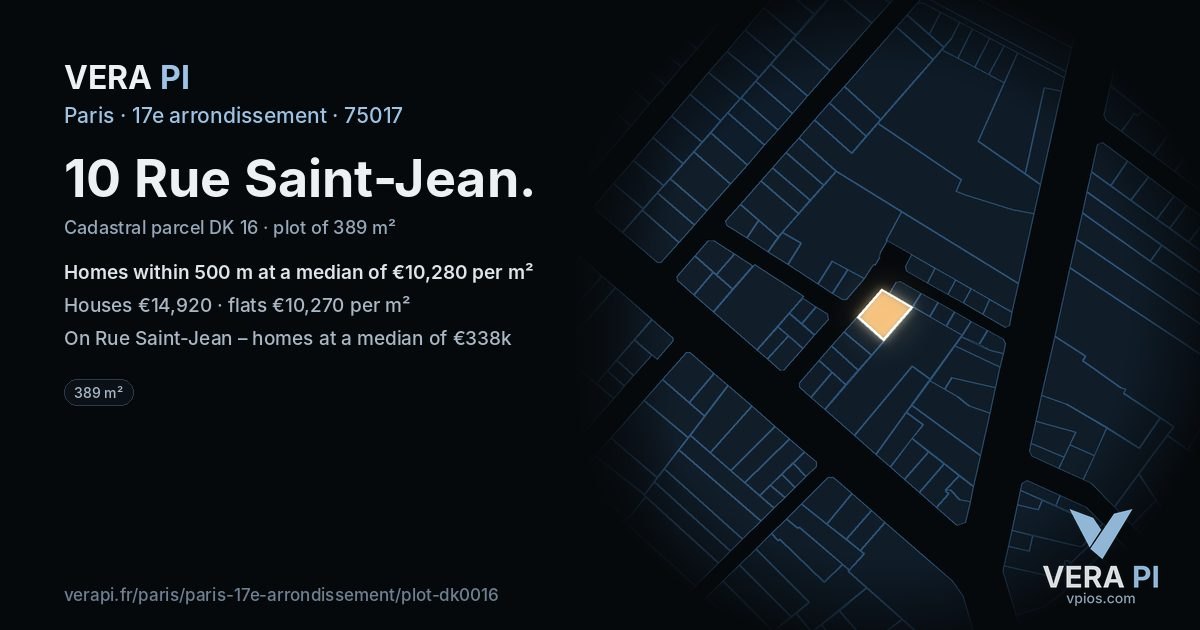 10 Rue Saint-Jean, 17e arrondissement at night – the plot lit, the parcels around coloured by the prices near them