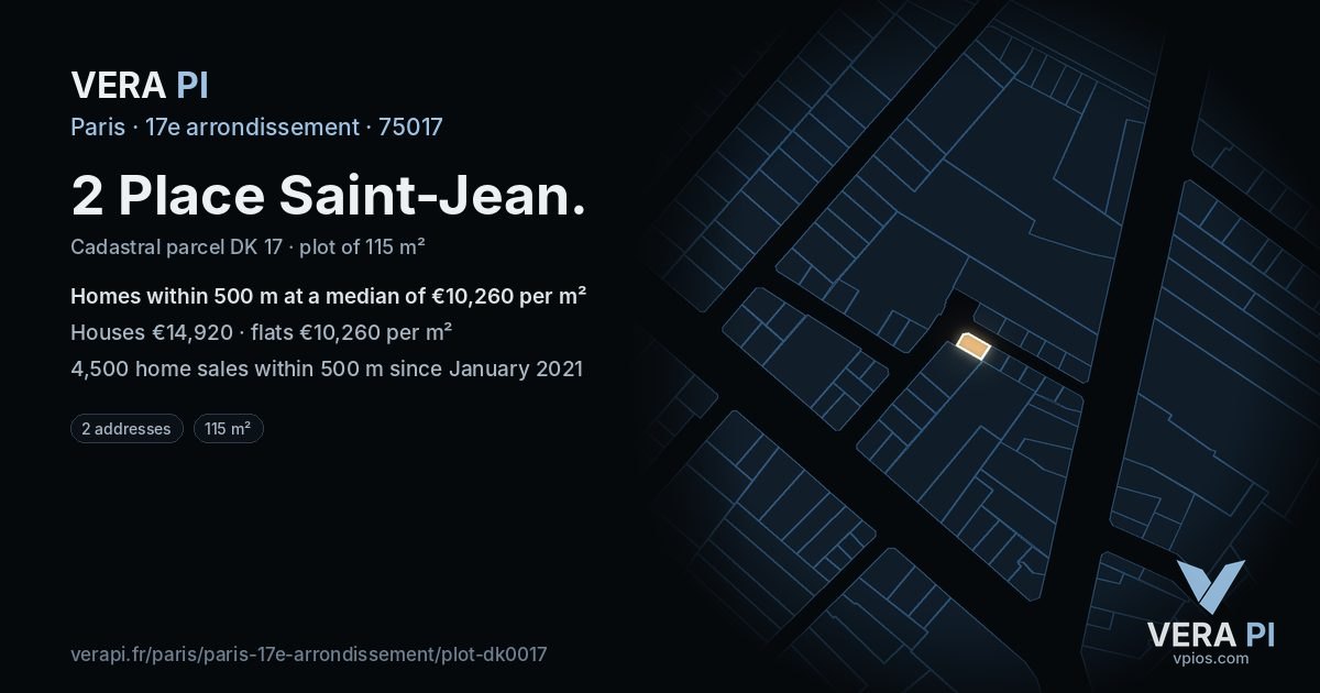 2 Place Saint-Jean, 17e arrondissement at night – the plot lit, the parcels around coloured by the prices near them