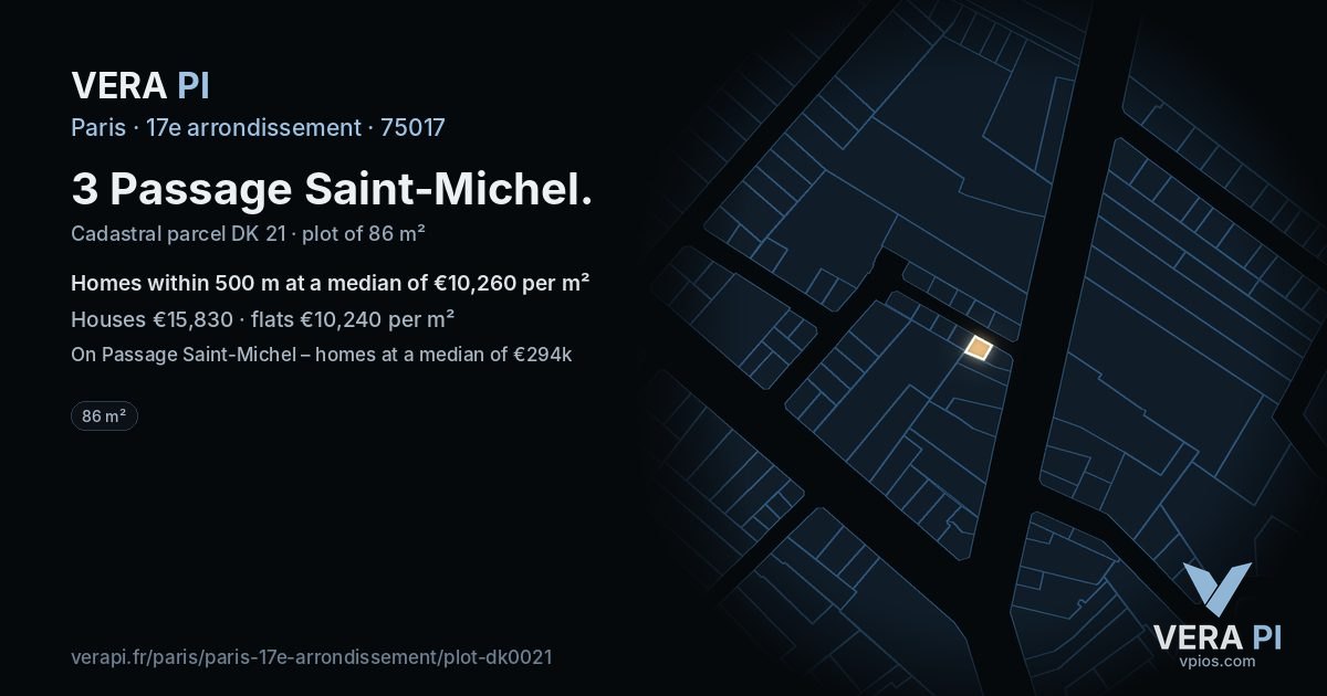 3 Passage Saint-Michel, 17e arrondissement at night – the plot lit, the parcels around coloured by the prices near them