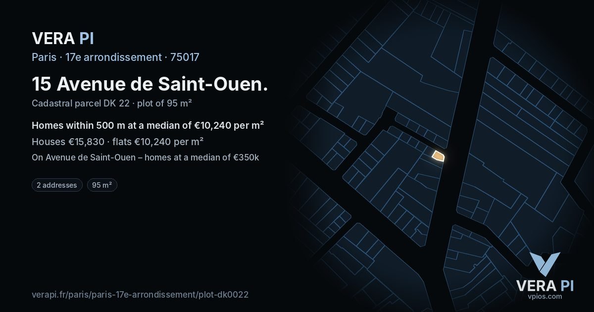 15 Avenue de Saint-Ouen, 17e arrondissement at night – the plot lit, the parcels around coloured by the prices near them