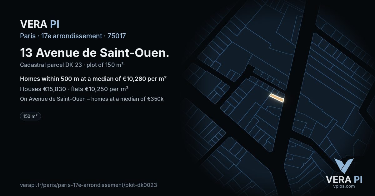13 Avenue de Saint-Ouen, 17e arrondissement at night – the plot lit, the parcels around coloured by the prices near them