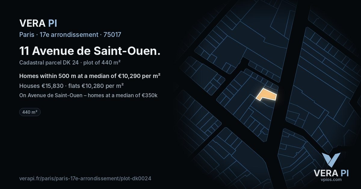 11 Avenue de Saint-Ouen, 17e arrondissement at night – the plot lit, the parcels around coloured by the prices near them