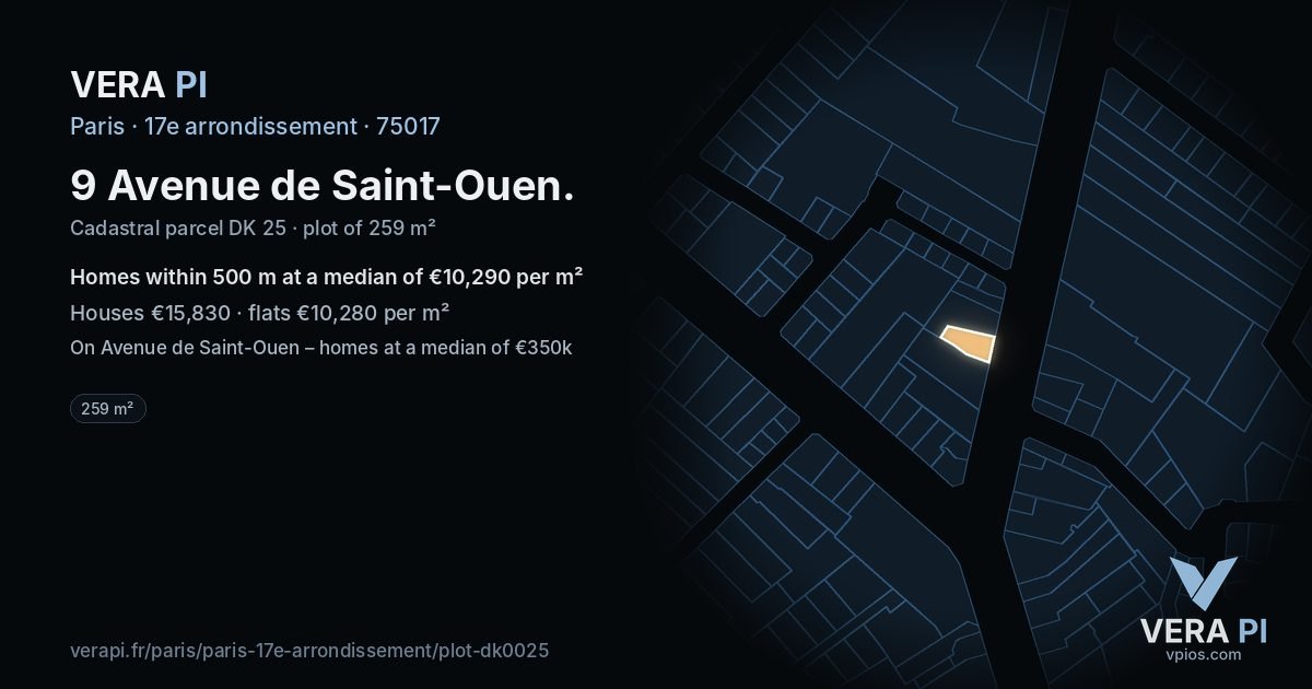 9 Avenue de Saint-Ouen, 17e arrondissement at night – the plot lit, the parcels around coloured by the prices near them