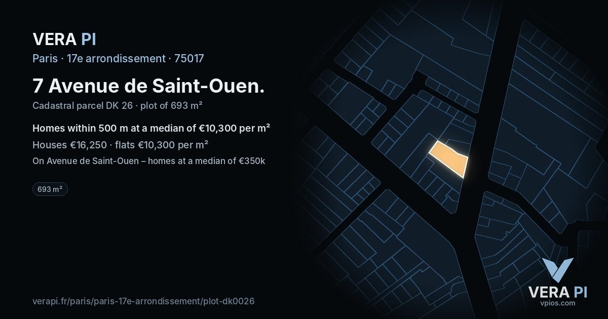 7 Avenue de Saint-Ouen, 17e arrondissement at night – the plot lit, the parcels around coloured by the prices near them