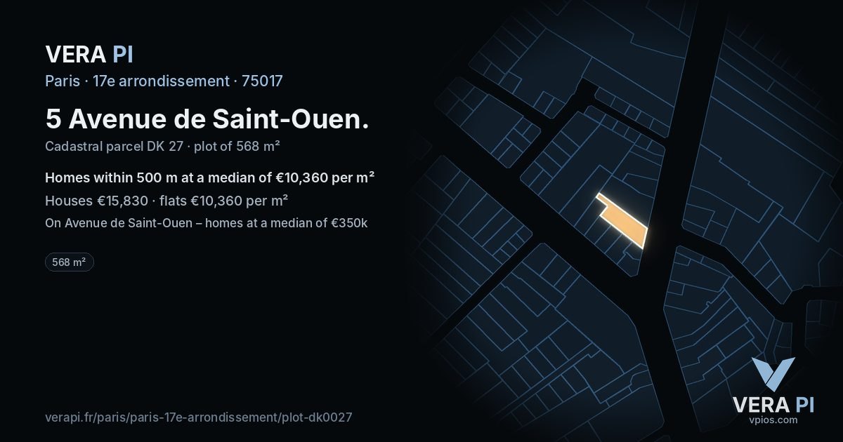 5 Avenue de Saint-Ouen, 17e arrondissement at night – the plot lit, the parcels around coloured by the prices near them