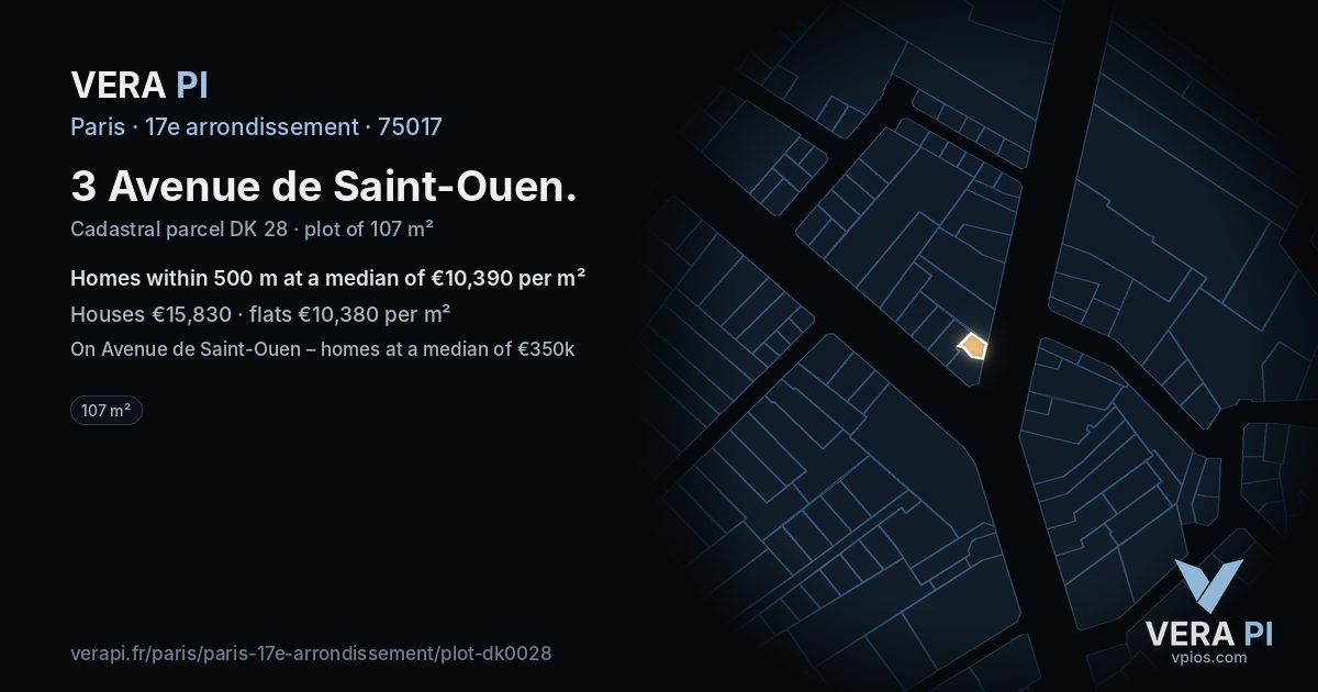 3 Avenue de Saint-Ouen, 17e arrondissement at night – the plot lit, the parcels around coloured by the prices near them