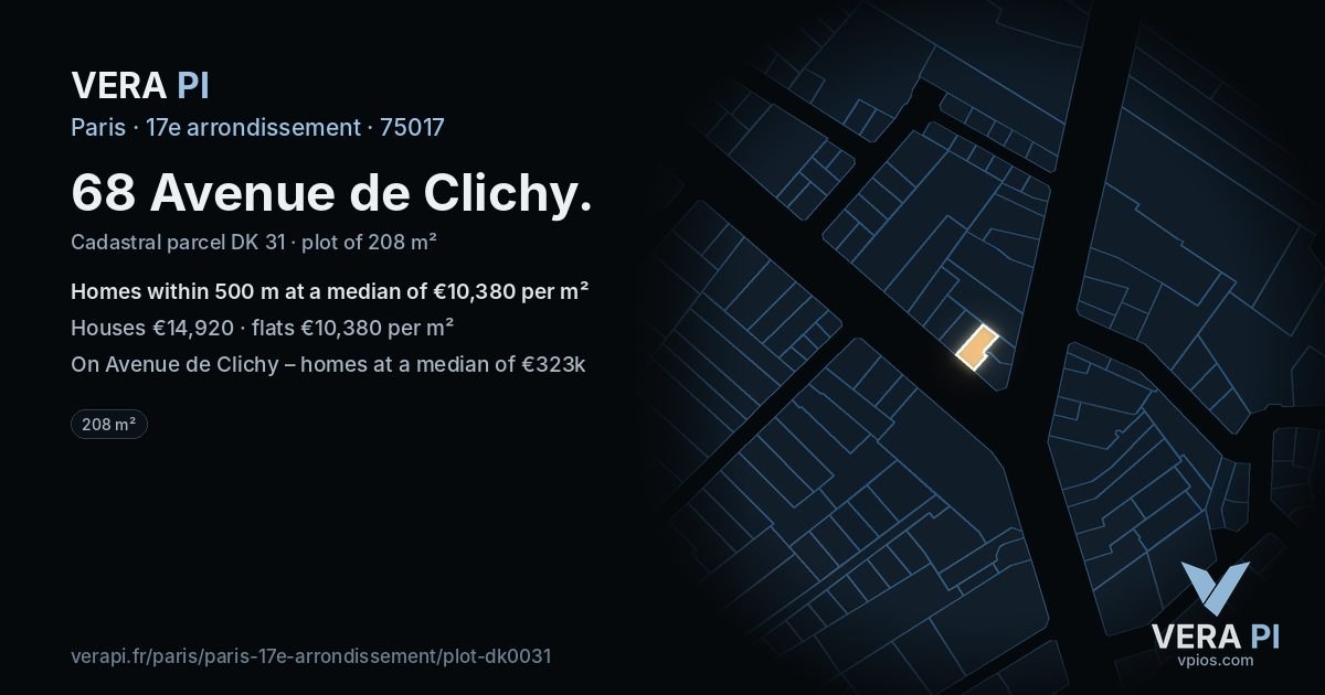 68 Avenue de Clichy, 17e arrondissement at night – the plot lit, the parcels around coloured by the prices near them