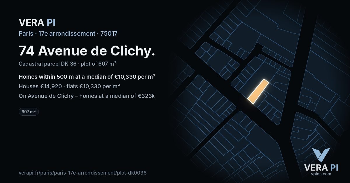 74 Avenue de Clichy, 17e arrondissement at night – the plot lit, the parcels around coloured by the prices near them
