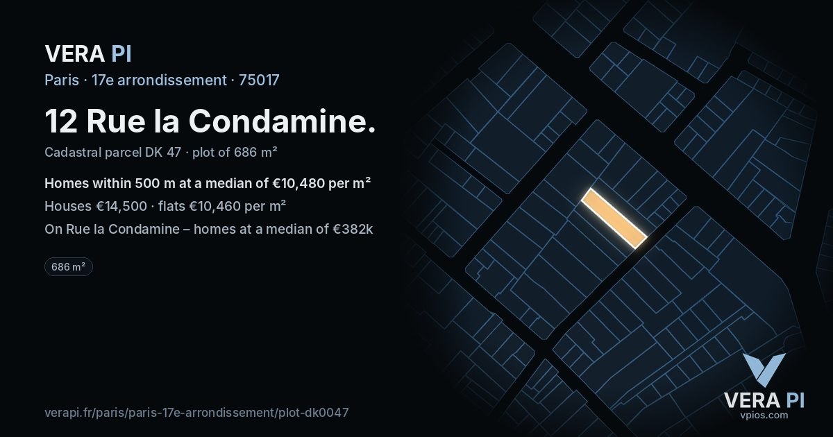 12 Rue la Condamine, 17e arrondissement at night – the plot lit, the parcels around coloured by the prices near them