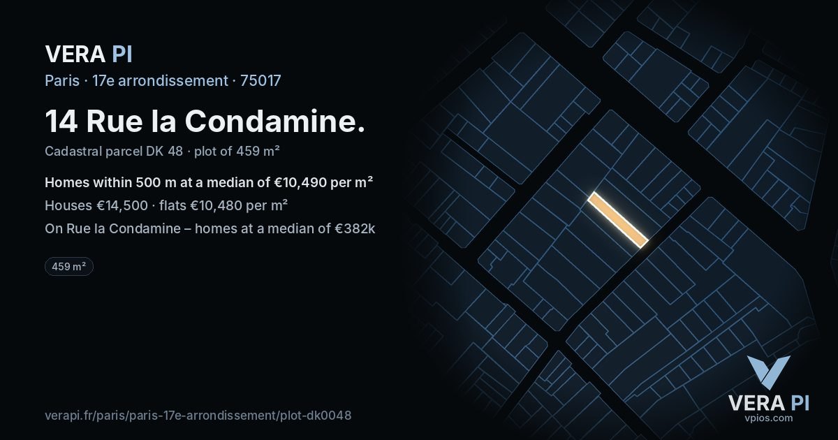 14 Rue la Condamine, 17e arrondissement at night – the plot lit, the parcels around coloured by the prices near them