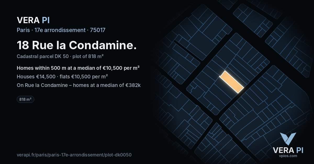18 Rue la Condamine, 17e arrondissement at night – the plot lit, the parcels around coloured by the prices near them