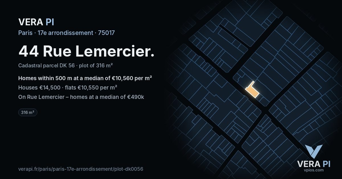 44 Rue Lemercier, 17e arrondissement at night – the plot lit, the parcels around coloured by the prices near them