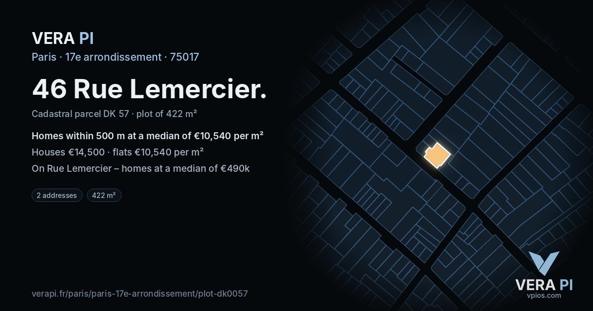 46 Rue Lemercier, 17e arrondissement at night – the plot lit, the parcels around coloured by the prices near them