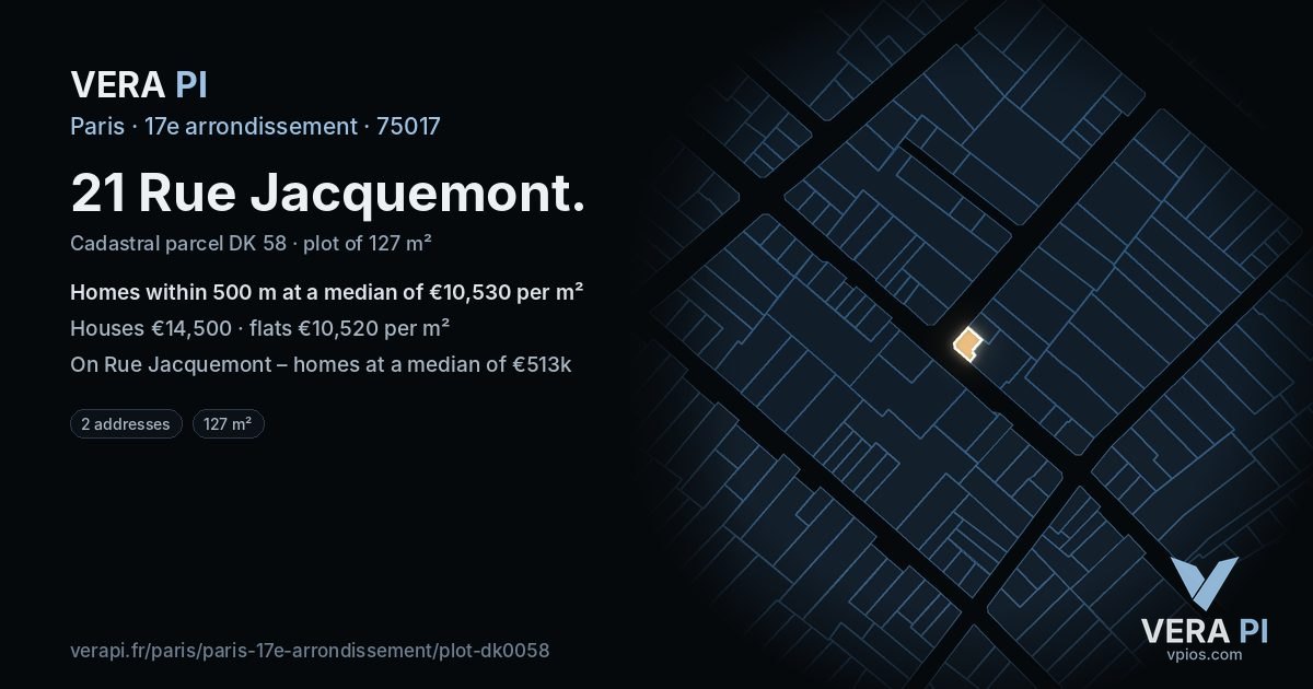 21 Rue Jacquemont, 17e arrondissement at night – the plot lit, the parcels around coloured by the prices near them