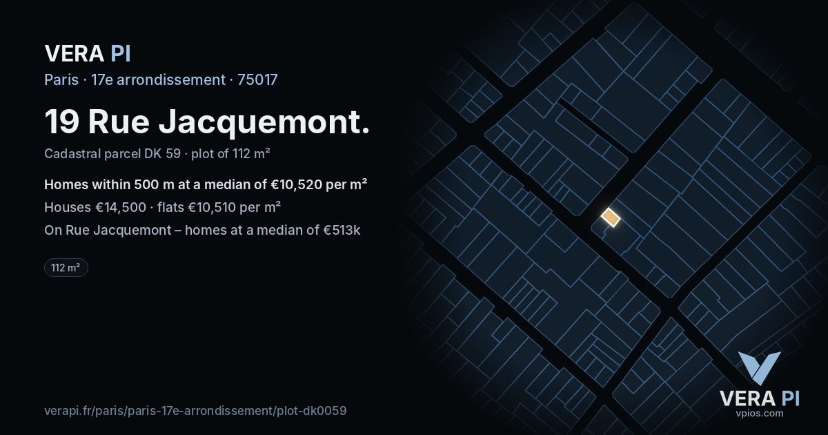 19 Rue Jacquemont, 17e arrondissement at night – the plot lit, the parcels around coloured by the prices near them