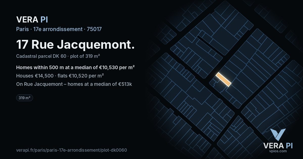 17 Rue Jacquemont, 17e arrondissement at night – the plot lit, the parcels around coloured by the prices near them