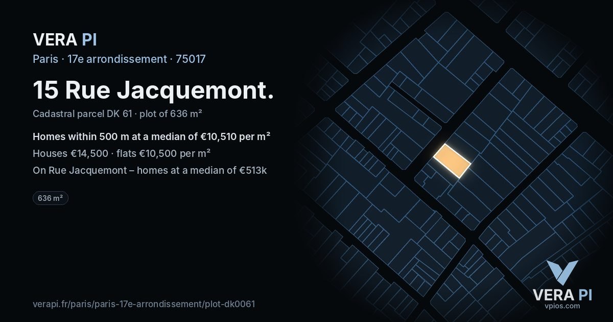 15 Rue Jacquemont, 17e arrondissement at night – the plot lit, the parcels around coloured by the prices near them