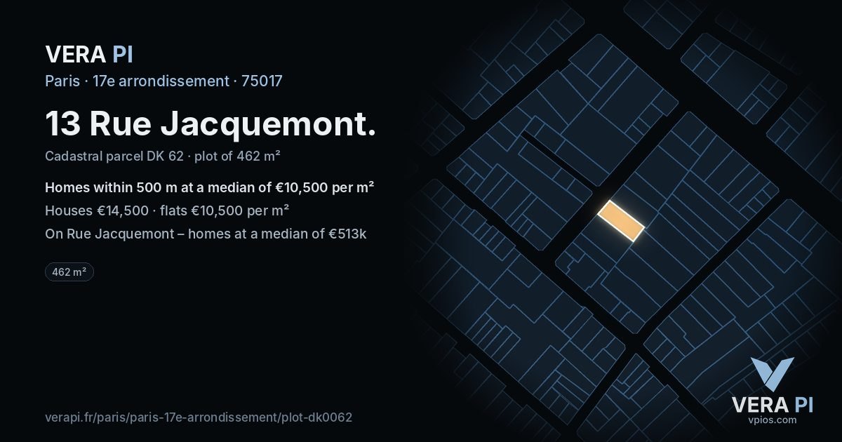 13 Rue Jacquemont, 17e arrondissement at night – the plot lit, the parcels around coloured by the prices near them