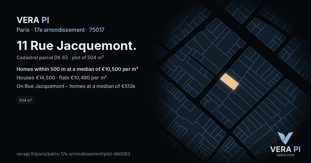 11 Rue Jacquemont, 17e arrondissement at night – the plot lit, the parcels around coloured by the prices near them