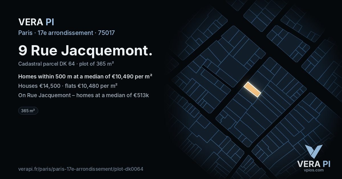 9 Rue Jacquemont, 17e arrondissement at night – the plot lit, the parcels around coloured by the prices near them