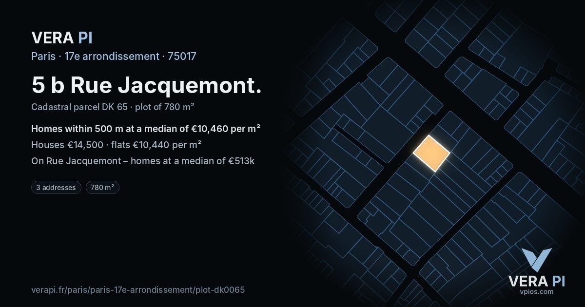 5 b Rue Jacquemont, 17e arrondissement at night – the plot lit, the parcels around coloured by the prices near them