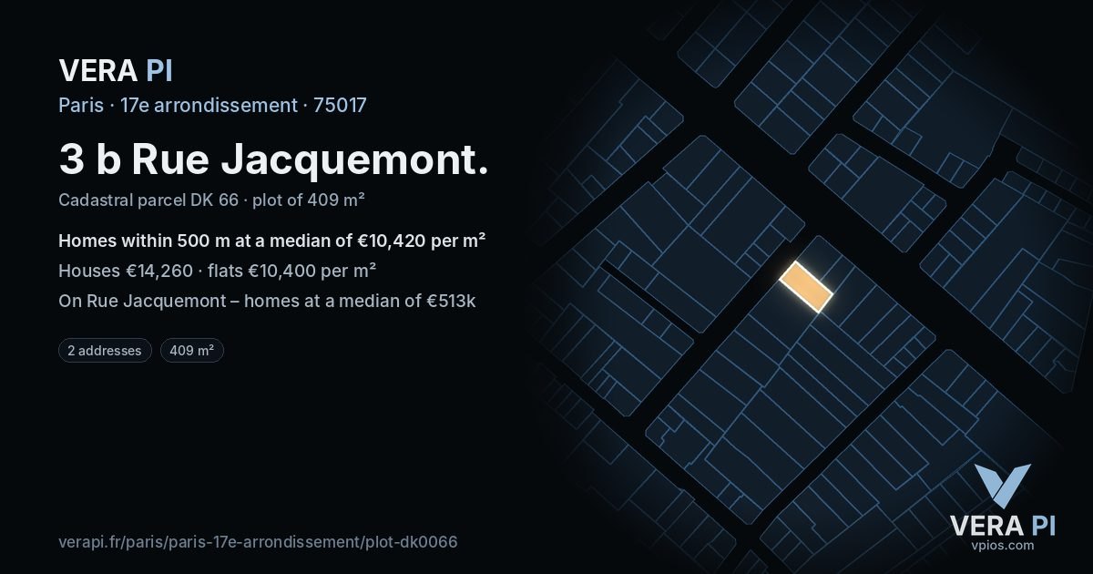 3 b Rue Jacquemont, 17e arrondissement at night – the plot lit, the parcels around coloured by the prices near them