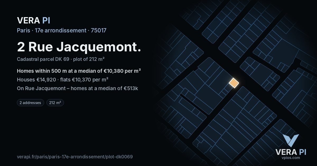 2 Rue Jacquemont, 17e arrondissement at night – the plot lit, the parcels around coloured by the prices near them