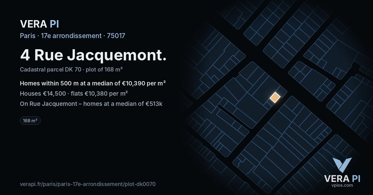 4 Rue Jacquemont, 17e arrondissement at night – the plot lit, the parcels around coloured by the prices near them
