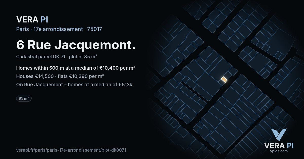 6 Rue Jacquemont, 17e arrondissement at night – the plot lit, the parcels around coloured by the prices near them