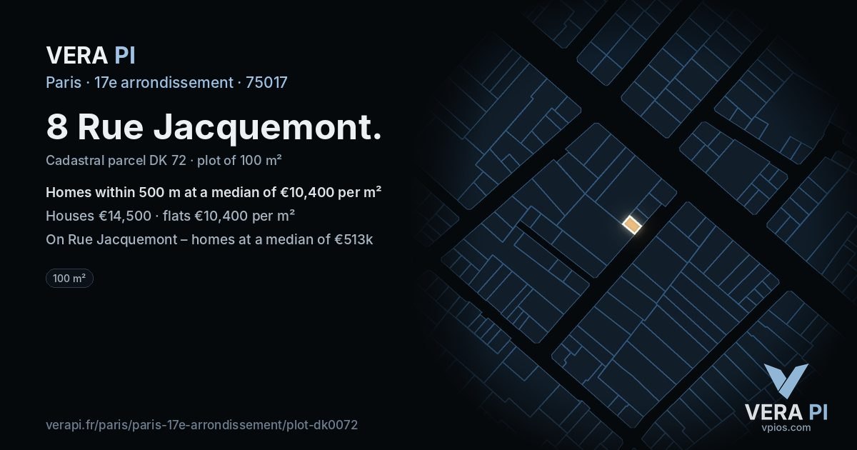 8 Rue Jacquemont, 17e arrondissement at night – the plot lit, the parcels around coloured by the prices near them
