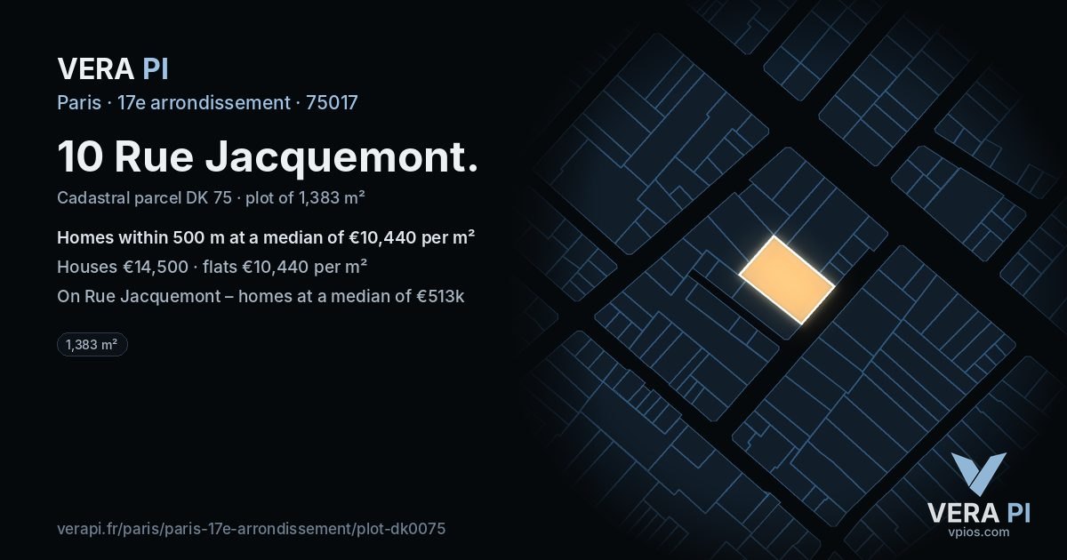 10 Rue Jacquemont, 17e arrondissement at night – the plot lit, the parcels around coloured by the prices near them