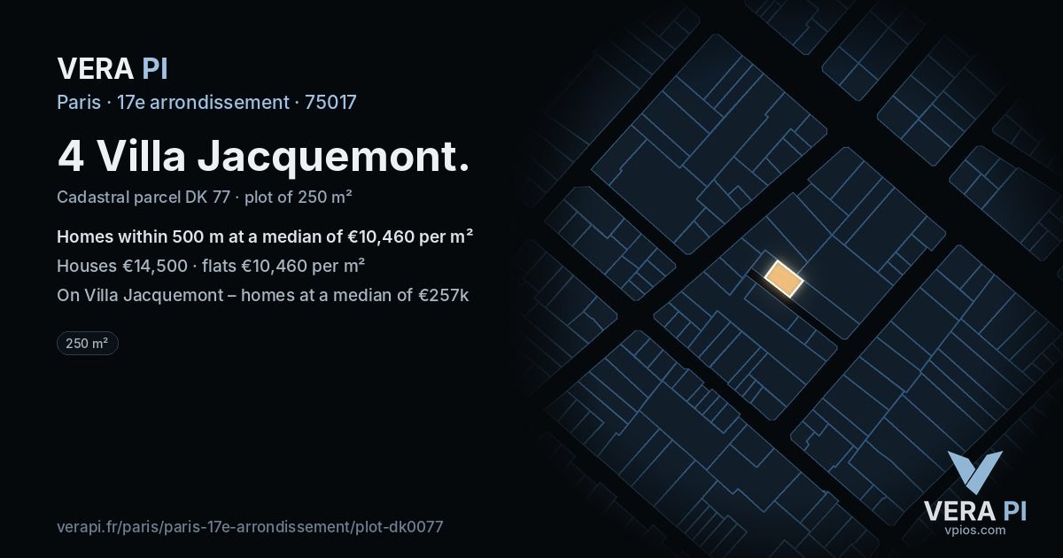4 Villa Jacquemont, 17e arrondissement at night – the plot lit, the parcels around coloured by the prices near them