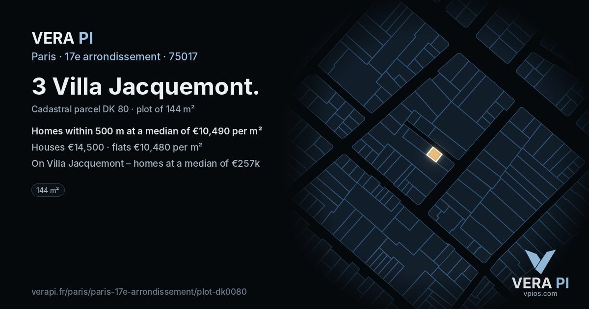 3 Villa Jacquemont, 17e arrondissement at night – the plot lit, the parcels around coloured by the prices near them
