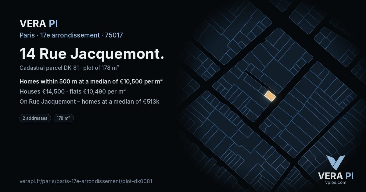 14 Rue Jacquemont, 17e arrondissement at night – the plot lit, the parcels around coloured by the prices near them