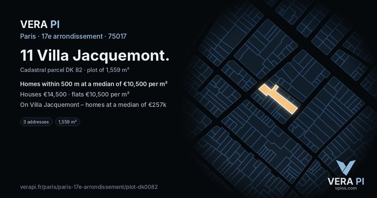 11 Villa Jacquemont, 17e arrondissement at night – the plot lit, the parcels around coloured by the prices near them