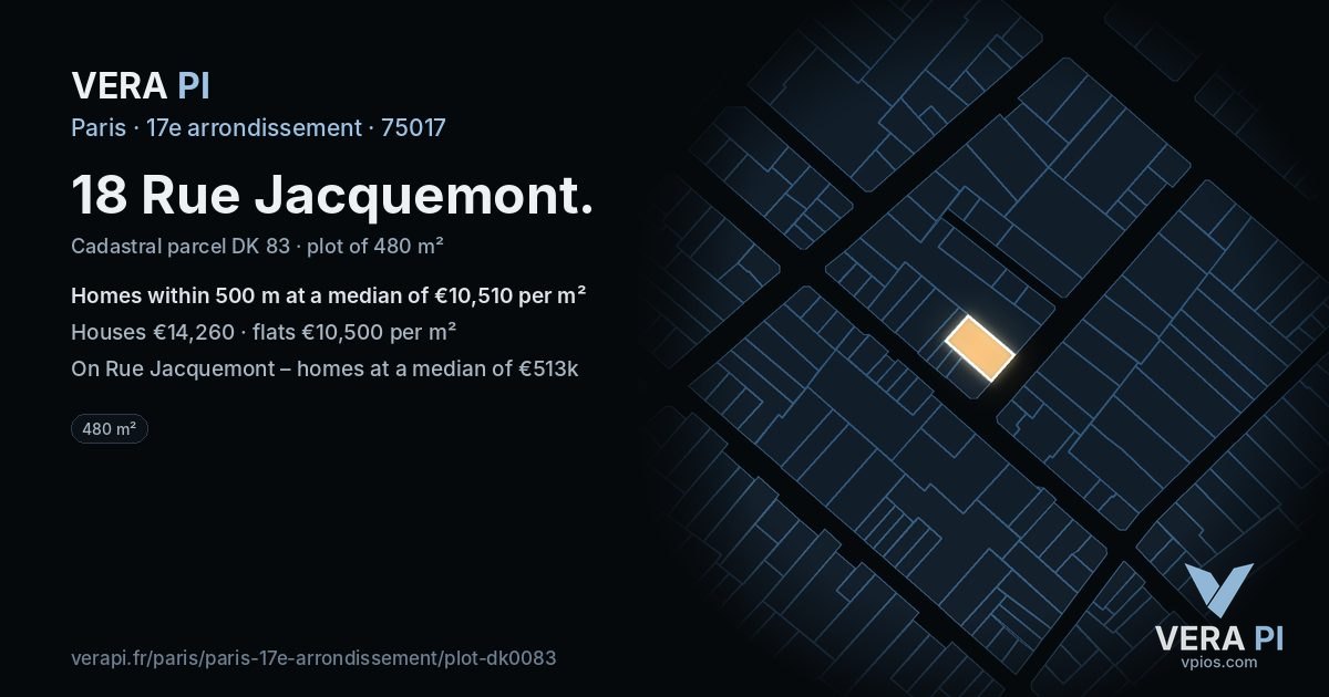 18 Rue Jacquemont, 17e arrondissement at night – the plot lit, the parcels around coloured by the prices near them
