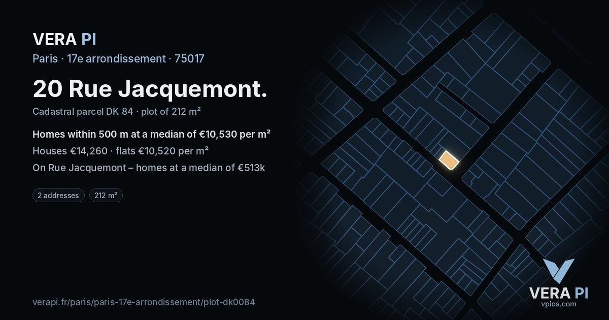 20 Rue Jacquemont, 17e arrondissement at night – the plot lit, the parcels around coloured by the prices near them