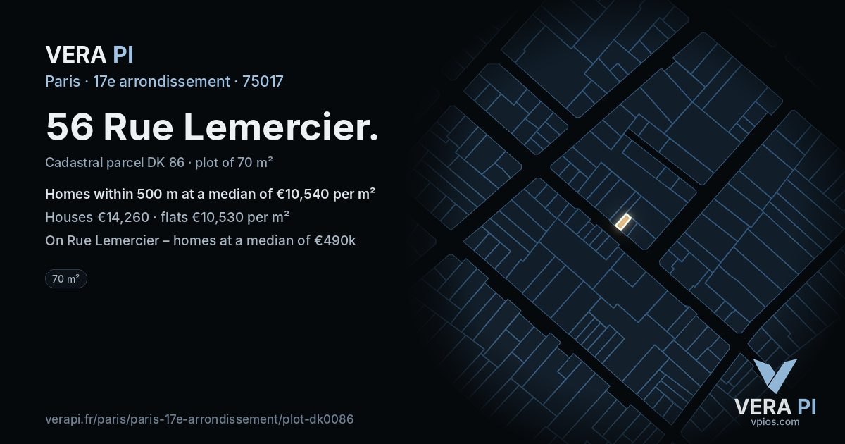 56 Rue Lemercier, 17e arrondissement at night – the plot lit, the parcels around coloured by the prices near them
