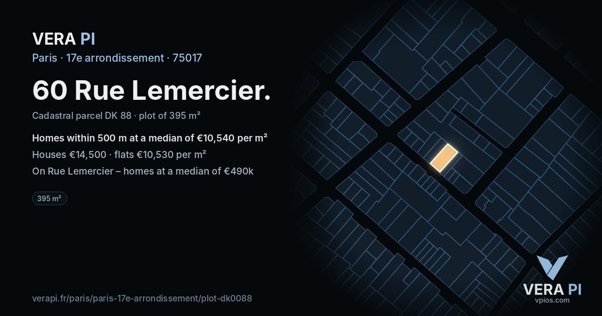 60 Rue Lemercier, 17e arrondissement at night – the plot lit, the parcels around coloured by the prices near them